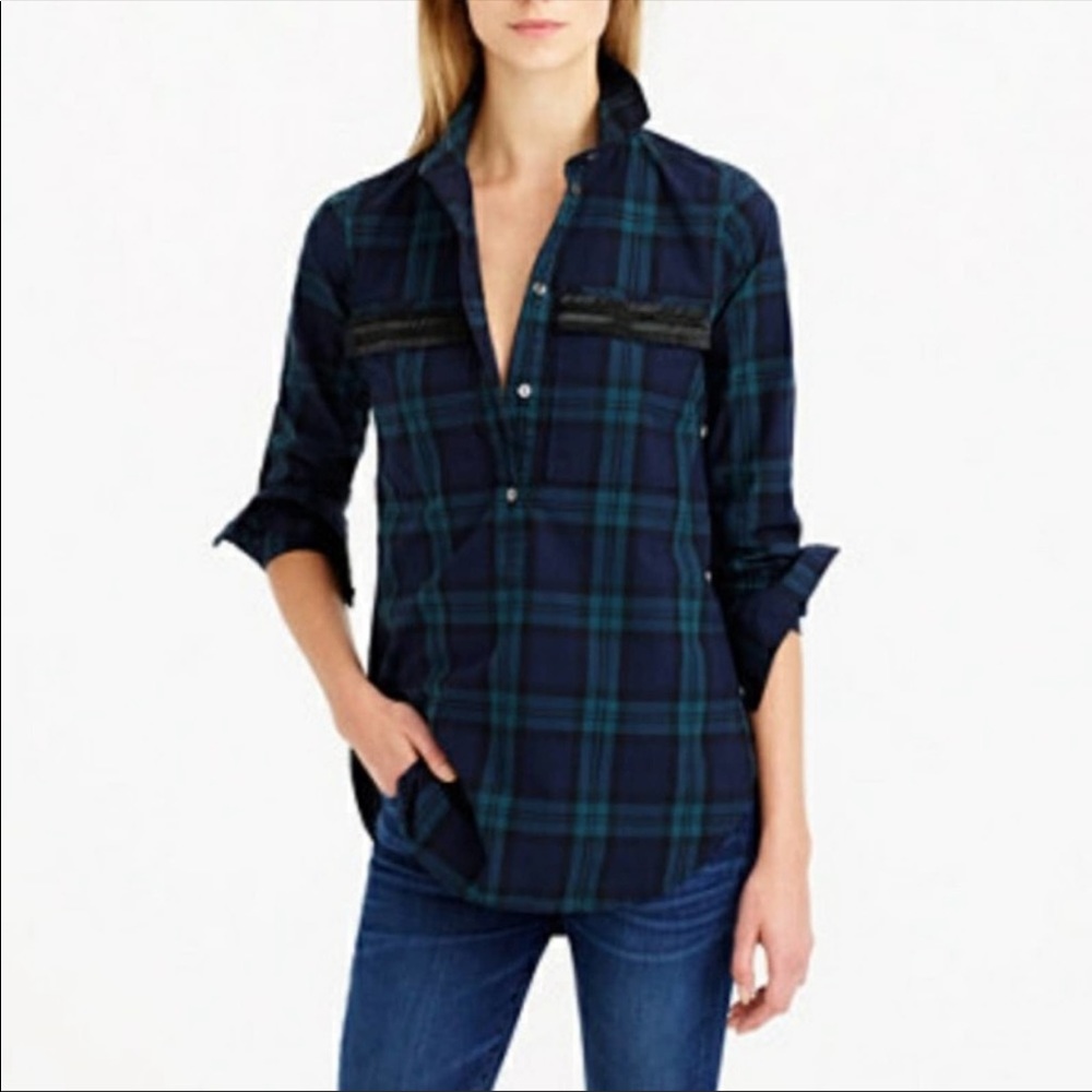 J. Crew Beaded Chevron Popover Shirt in Black-Watch Plaid